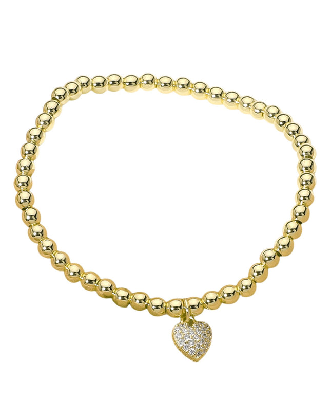 Paved Stone Heart Charm Metal Ball Bead Bracelet
