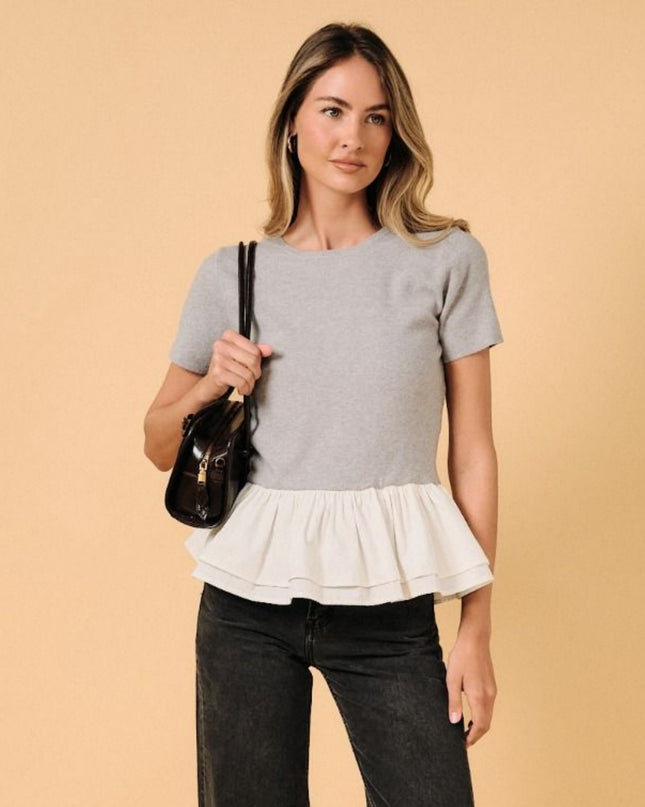 Contrast Ruffle Hem Round Neck Short Sleeve Knit Top