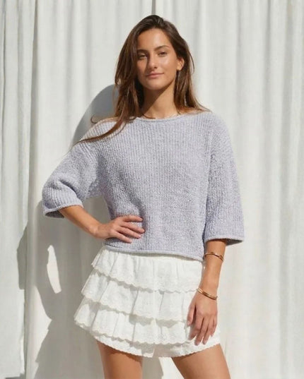 Crew Neck 3/4 Sleeve Solid Knit Top