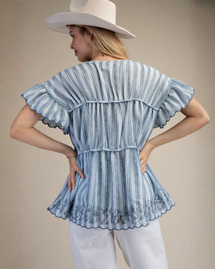 Striped Double Tie Front Scallop Short Sleeve Embroidered Bottom Top