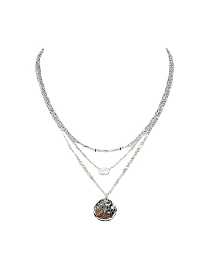 Hammered Disc Rectangle Bead Triple Layered Chain Necklace