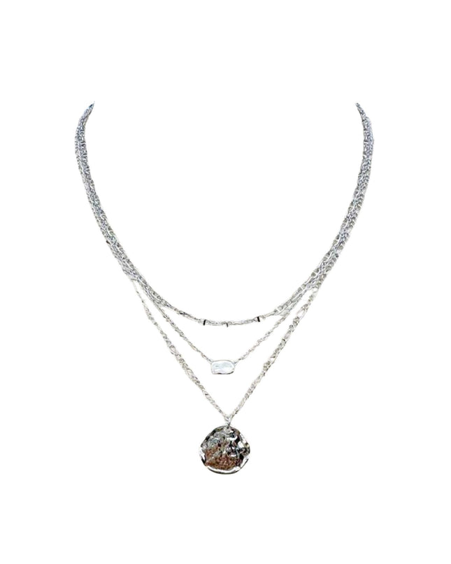 Hammered Disc Rectangle Bead Triple Layered Chain Necklace