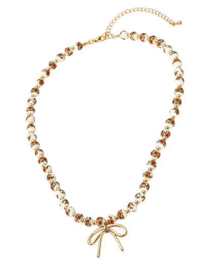 Metal Bow Brown Floral Ceramic Beaded Necklace