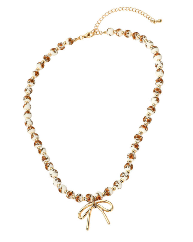 Metal Bow Brown Floral Ceramic Beaded Necklace
