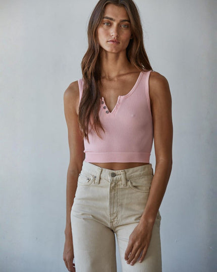 Henley Ribbed Modal Button Detail Crop Tank Top