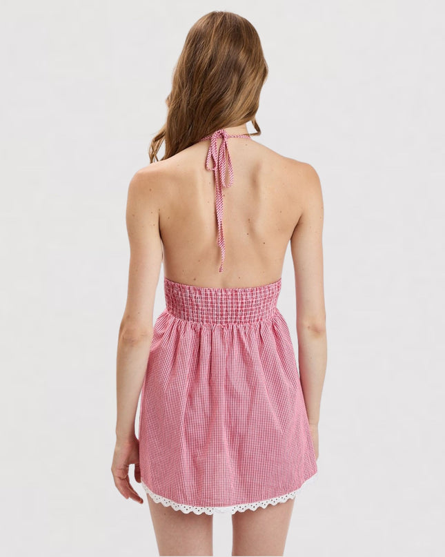 Gingham Checker Halter Tie Scallop Lace Trim Mini Dress