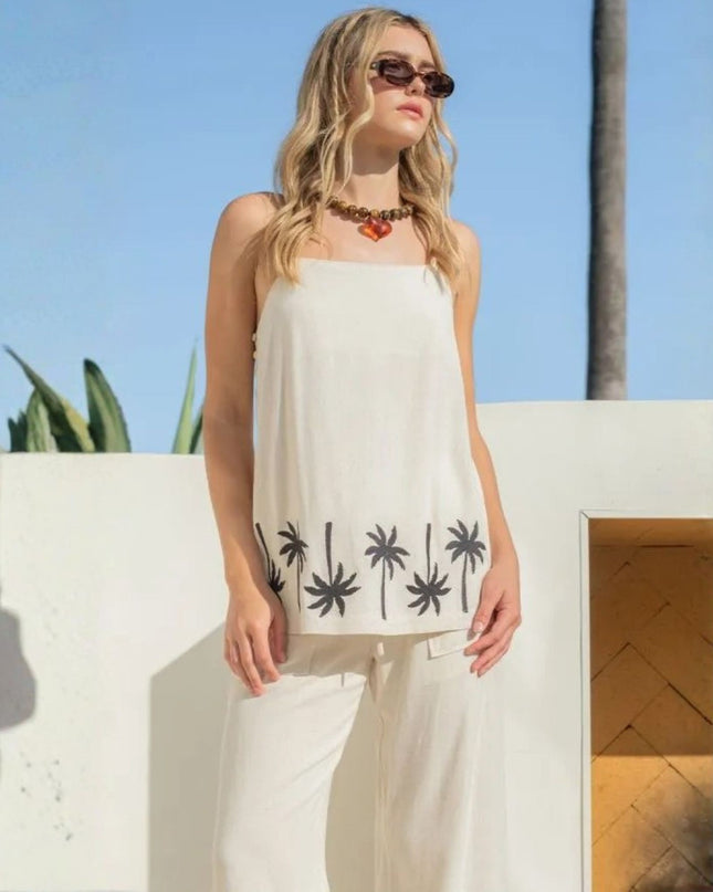 Palm Tree Border Side Button Spaghetti Strap Top