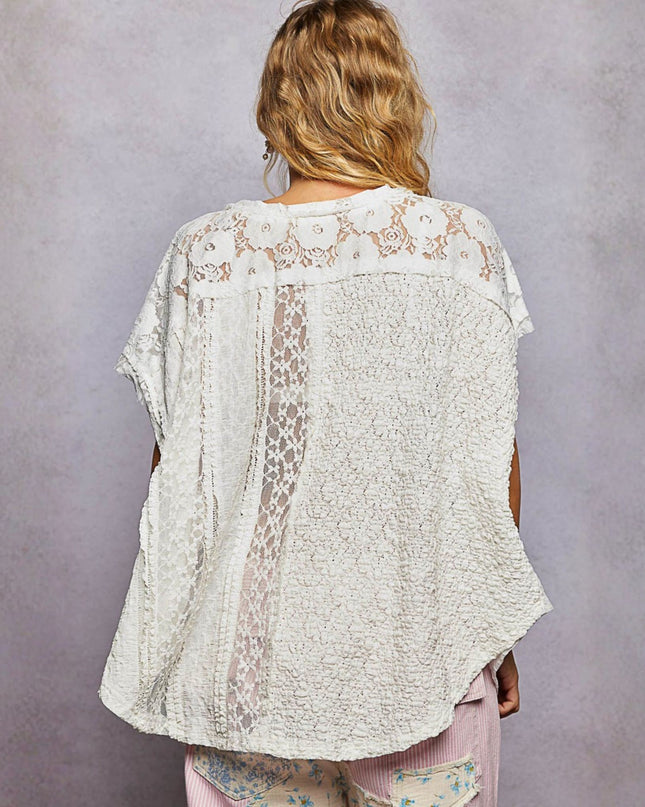 Contrast Lace Textured Flared Short Sleeve Top