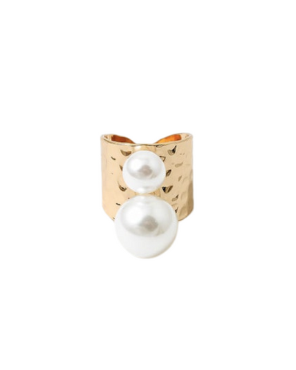 Double Pearl Hammered Metal Ring
