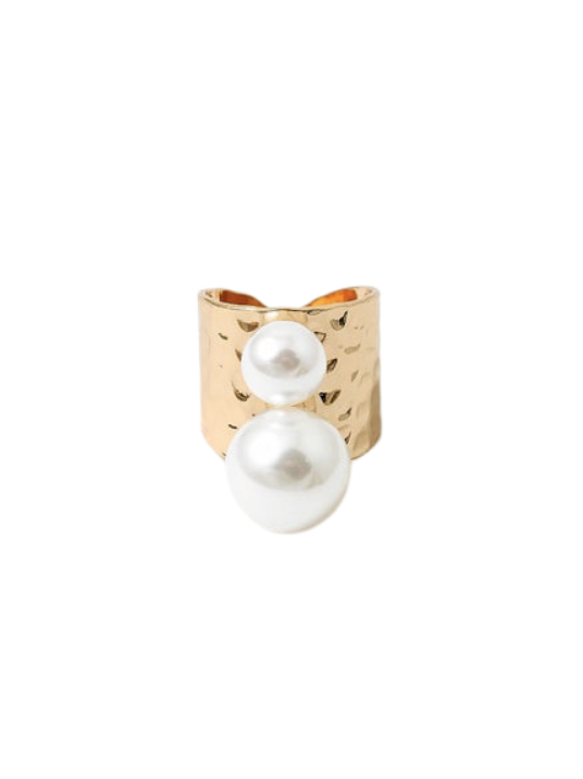 Double Pearl Hammered Metal Ring