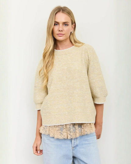 Heathered Contrast Trim Short Sleeve Sweater