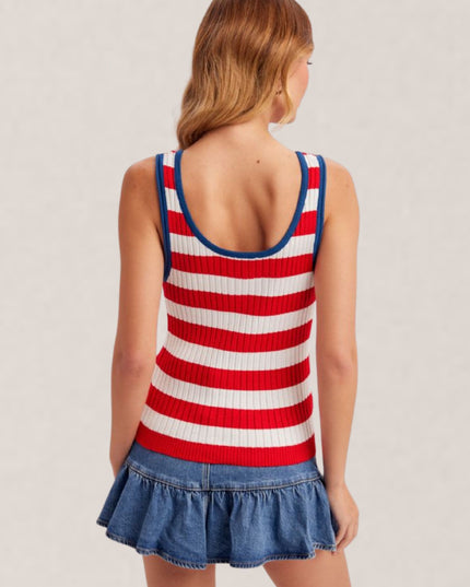 Striped Scoop Neck Tie Front Knit Tank Top