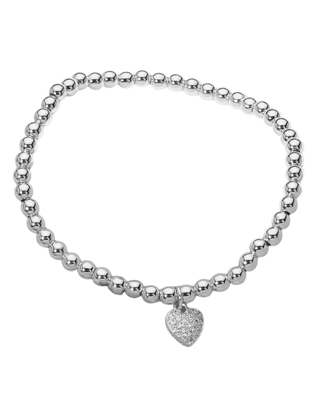 Paved Stone Heart Charm Metal Ball Bead Bracelet