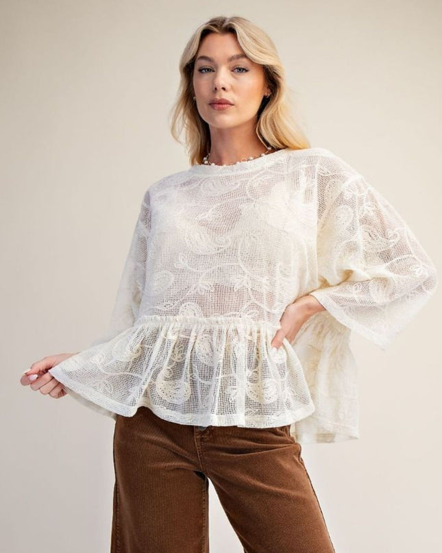 Paisley Embroidered Lace Ruffle Bottom 3/4 Sleeve Top