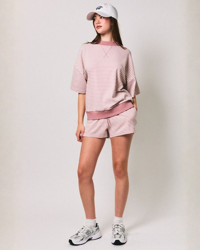 Mid Rise Elastic Tie Waist Striped Shorts