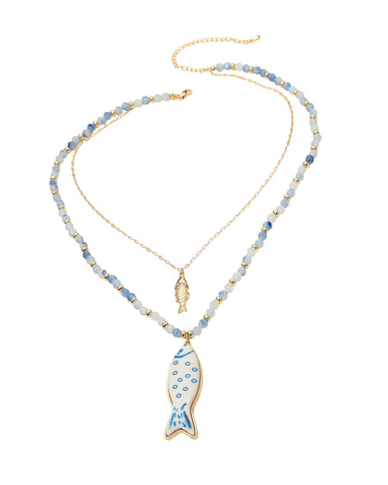 Fish Pendant Accent Beaded Chain Layered Necklace