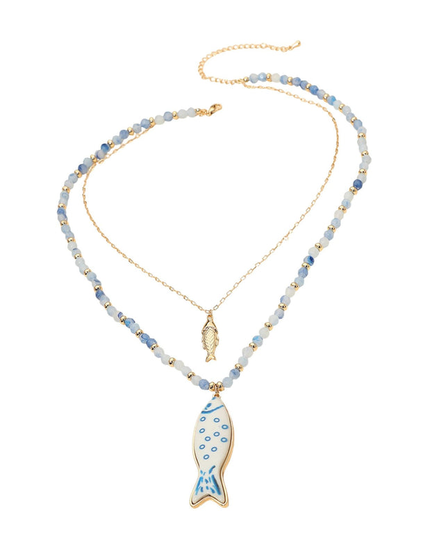 Fish Pendant Accent Beaded Chain Layered Necklace
