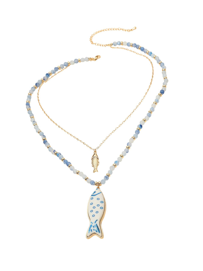 Fish Pendant Accent Beaded Chain Layered Necklace