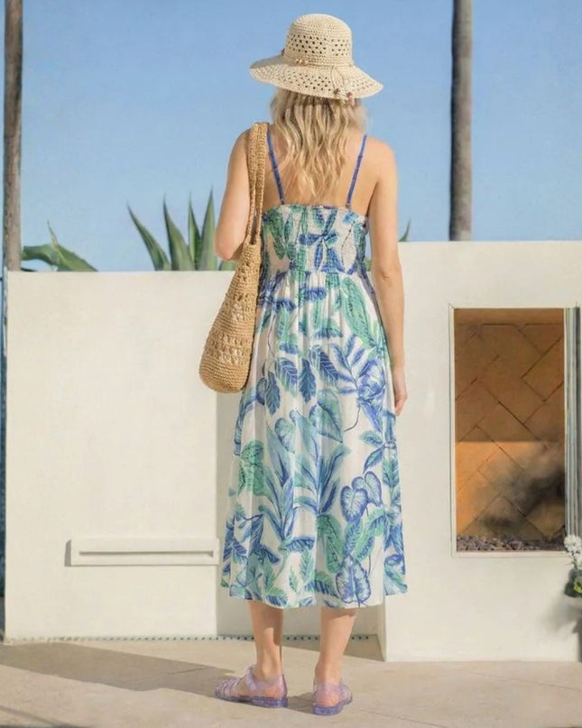 Tropical Leaf Print Tie Front Spaghetti Strap Smocked Back Midi Dress