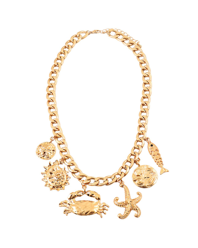 Metal Crab Starfish Sand Dollar Fish Seashell Charm Curb Chain Necklace