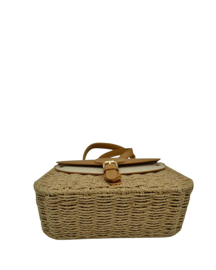 Belt Closure Leather & Structure Straw Crossbody Bag