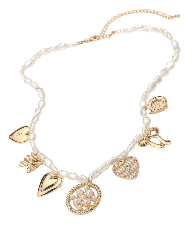 Heart Bow Charm Station Pearl Necklace