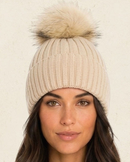 Oversized Pom Pom Ribbed Winter Beanie Hat