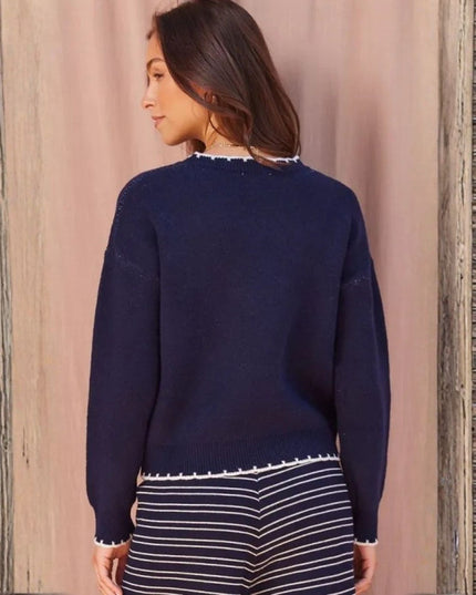 Double Fish Motif Contrast Trim Sweater