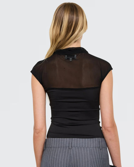 Sheer Yoke Mock neck Ruched Short Sleeve Top