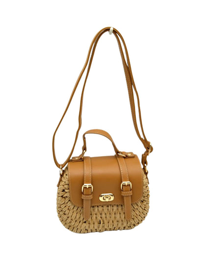 Square Double Buckle Vegan Leather Closure Straw Shoulder Bag