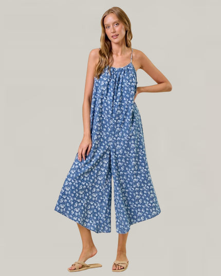 Floral Printed Chambray Denim Jumpsuit