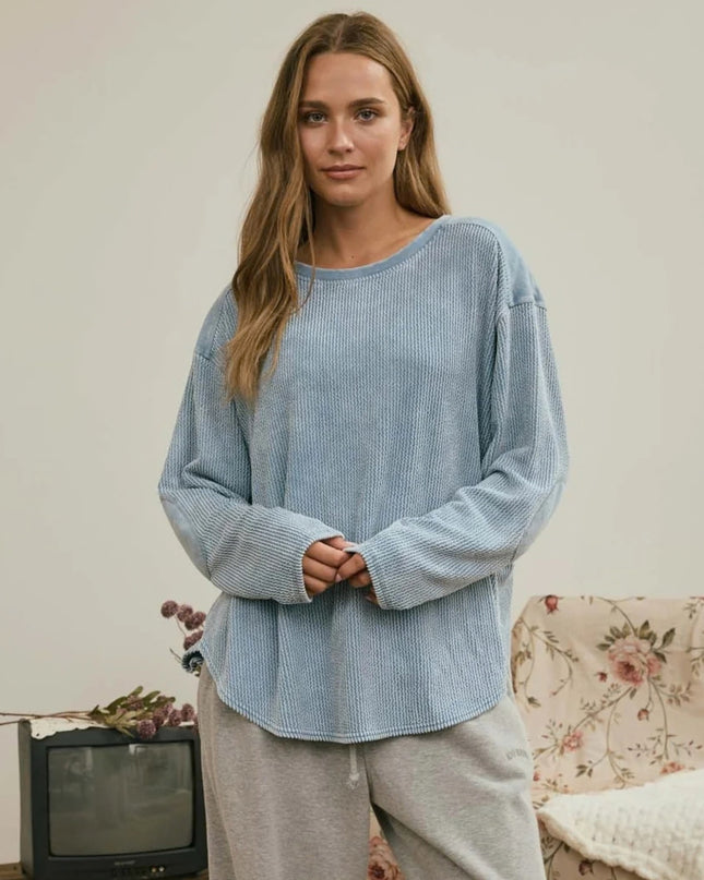 Boxy Textured Patch Elbow Long Sleeve Top