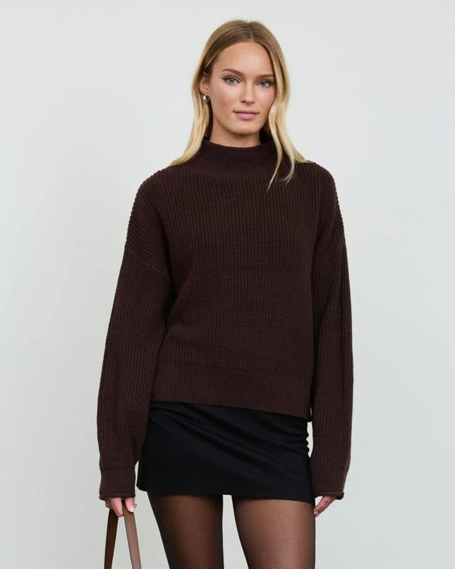 Ribbed Roll Mock Neck Cropped Knit Sweater