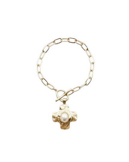 Hammered Cross Stone Center Gold Paperclip Chain Toggle Bracelet