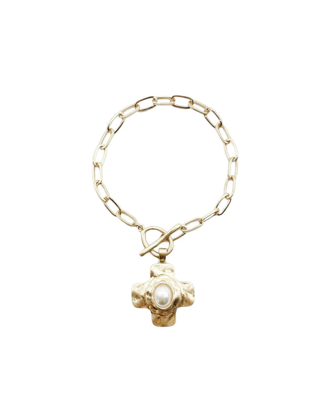 Hammered Cross Stone Center Gold Paperclip Chain Toggle Bracelet