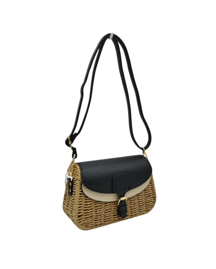 Belt Closure Leather & Structure Straw Crossbody Bag
