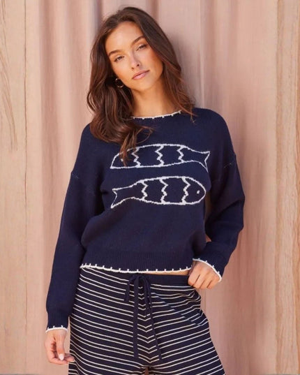 Double Fish Motif Contrast Trim Sweater