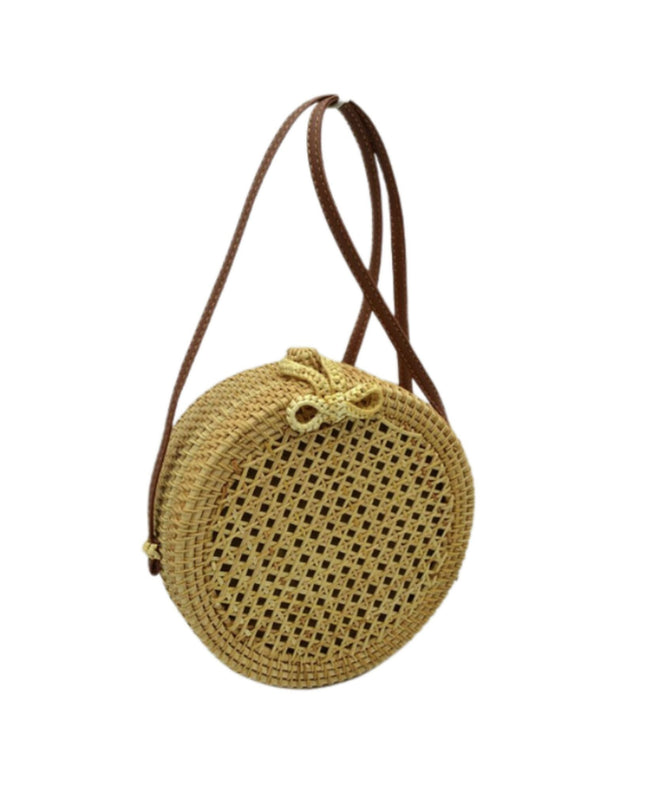 Dark Strap Bow Woven Round Rattan Bag