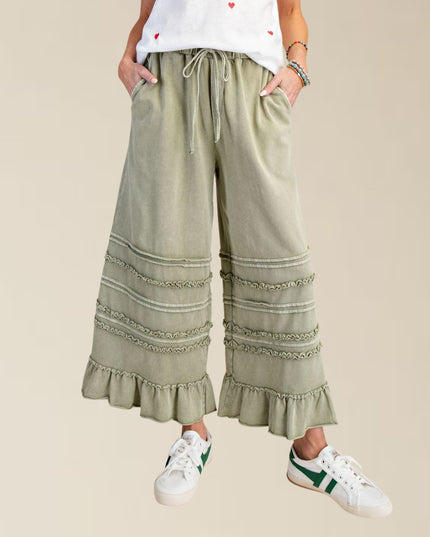 Tiered Ruffle Hem Elastic Drawstring Waist Wide Leg Pants