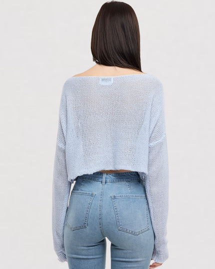 Open Knit Cropped Boat Neck Sweater