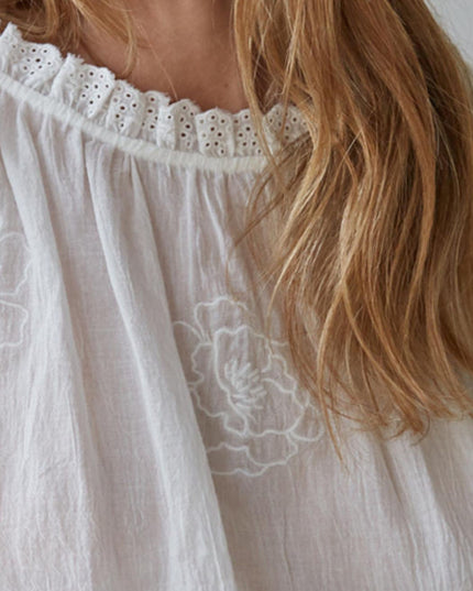 Jocelyn Embroidered Eyelet Trim Smocked Waist Long Sleeve Top