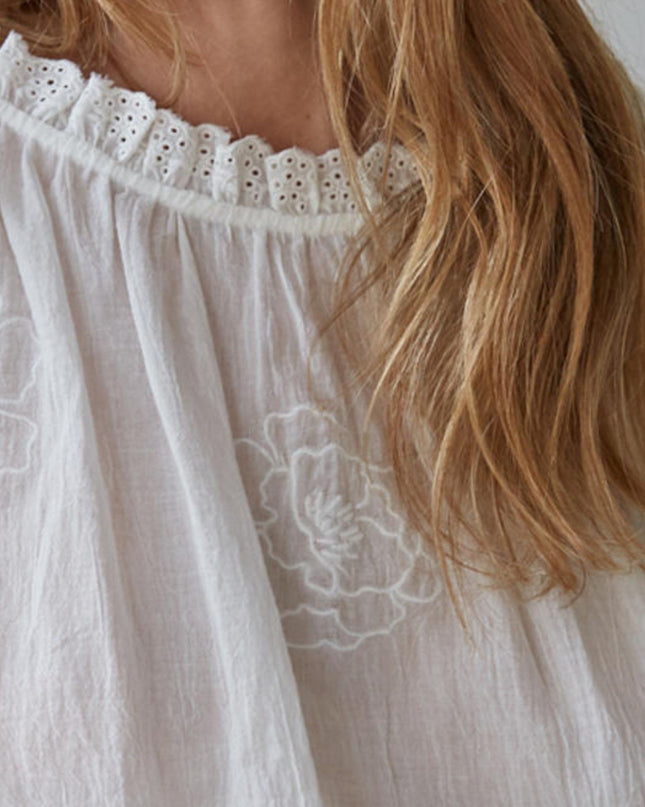 Jocelyn Embroidered Eyelet Trim Smocked Waist Long Sleeve Top