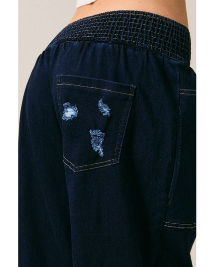 Smocked Waist Patch Pockets Denim Barrel Jeans