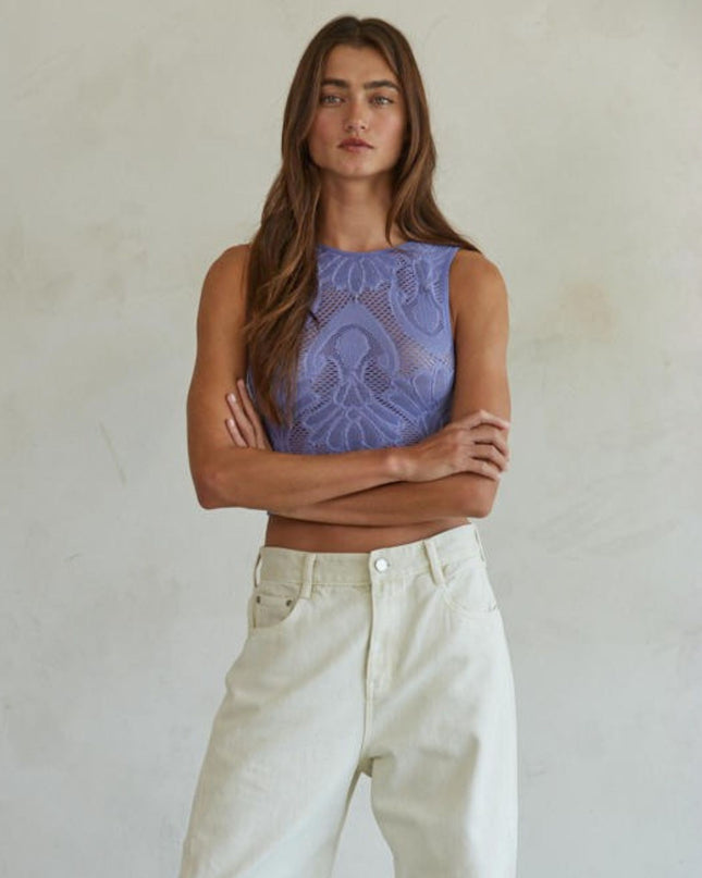 Jacquard Fishnet Hi Neck Cropped Seamless Tank Top