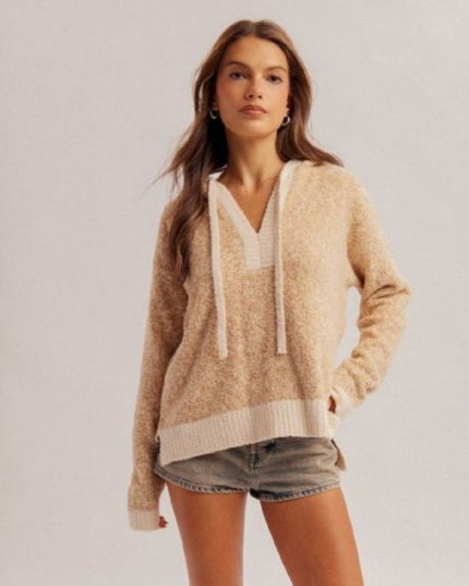 Hooded Contrast Trim Textured Knit Sweater
