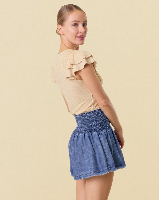 Smocked Waist Frayed Hem Shorts