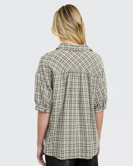Plaid Half Sleeve Collared Button Down Top
