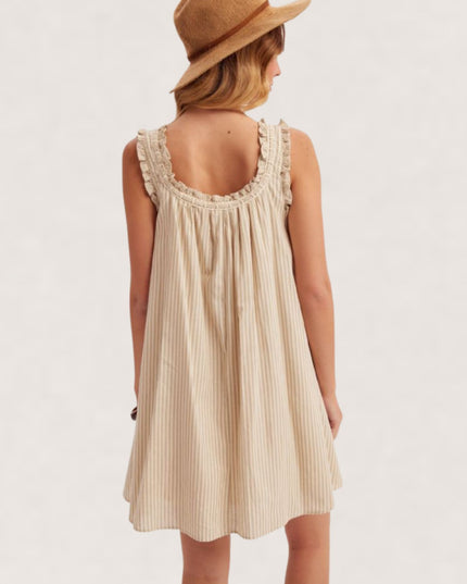 Lace Trim Ribbon Detail Striped Sleeveless Babydoll Mini Dress