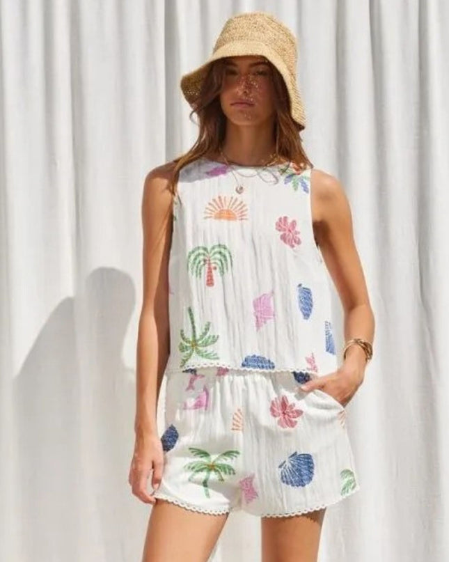 Flyaway Back Palm Tree Sun Shell Print Sleeveless Top