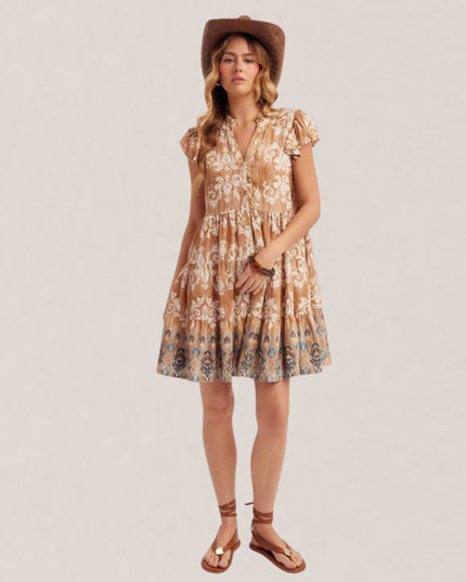 Floral Printed Ruffle Cap Sleeve Mini Dress